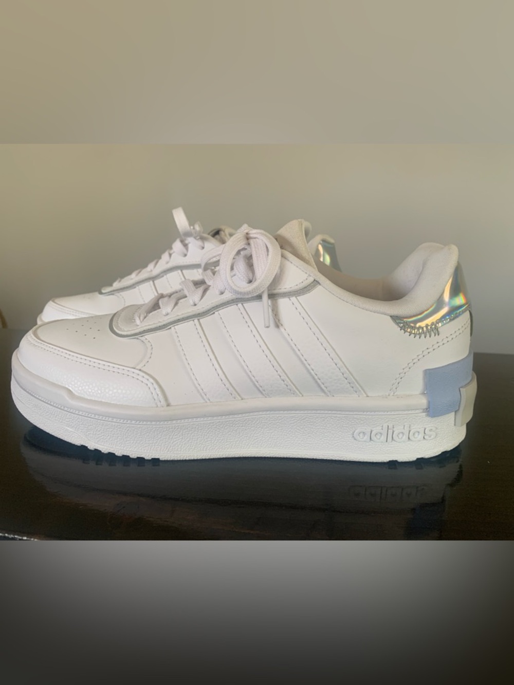 adidas Women's Postmove SE White Sneakers with blue and Iridescent Heel Accents - Picture 12 of 14